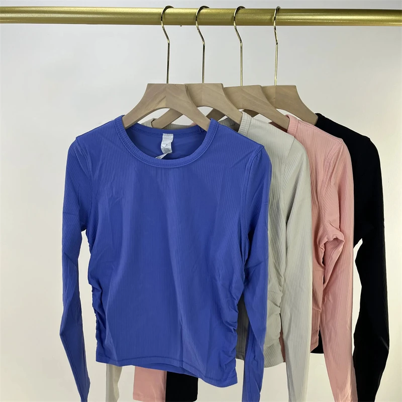 Autumn Winter Women's Long-Sleeved Yoga Sports Tracksuit Classic Round Neck Slim Stretch Wear Vertical Strip 2.0 Thread