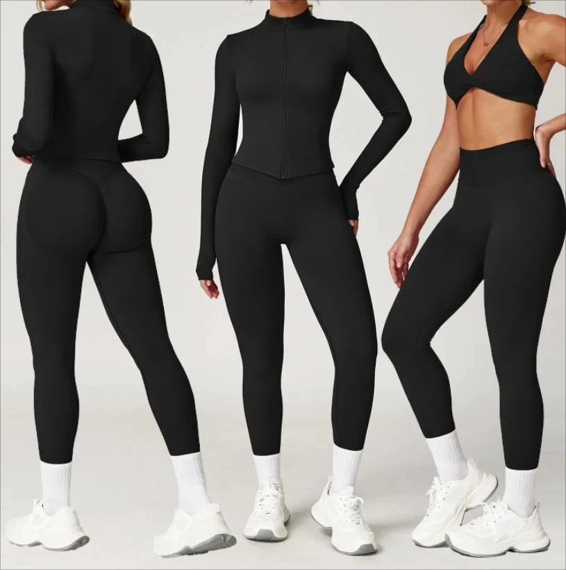 Women's Breathable Seamless Plus Size Yoga Jacket 3-Piece Set Long Sleeve Zip-Up Fitness High Waist Leggings Quick Dry