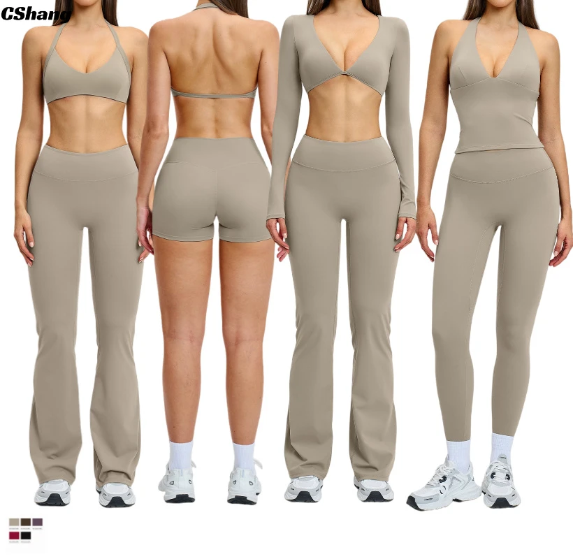 Custom Logo Workout Flared Leggings 6-Piece Breathable Plus Size Sport Top Gym Activewear Sports Bra Running Yoga Shorts Set