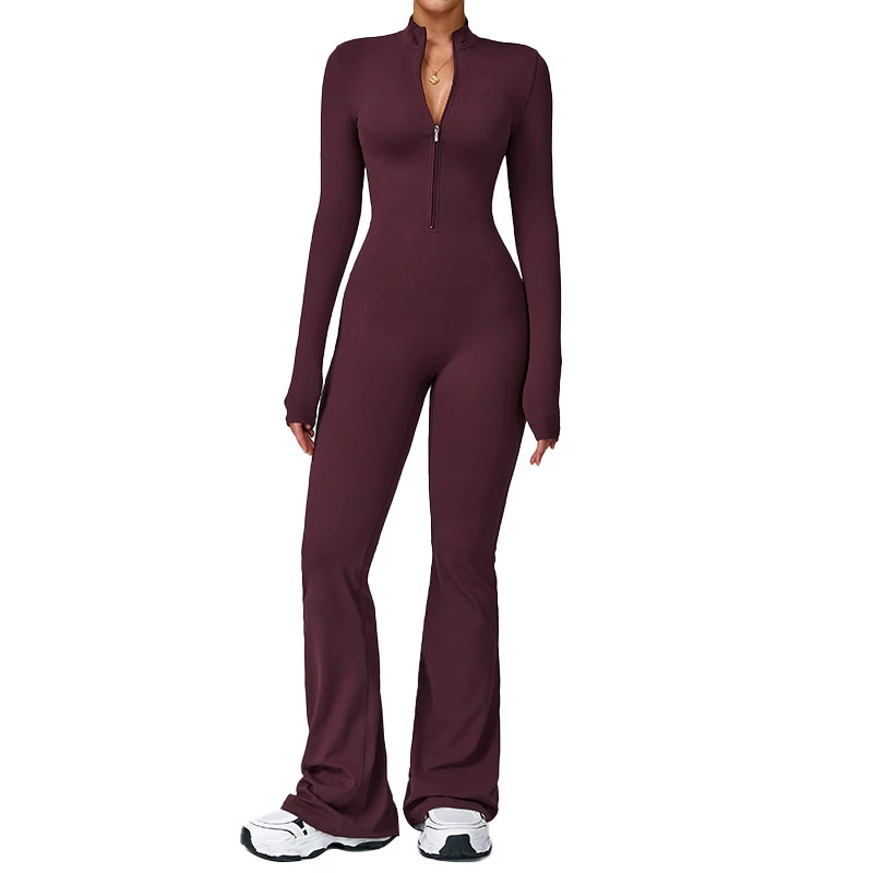 Cross-Border Solid Zipper Quick Dry Cloud-Feel Long-Sleeve Yoga Jumpsuit High-Intensity Fitness Workout 1-Piece Bodysuit 2012