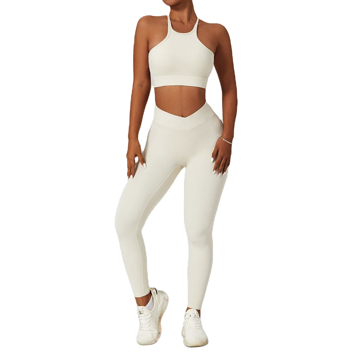 OEM Women's Solid Breathable Canvas 2-Piece Gym Yoga Set Sexy Stretch Athletic Lightweight Elastic Waist Spring/Summer