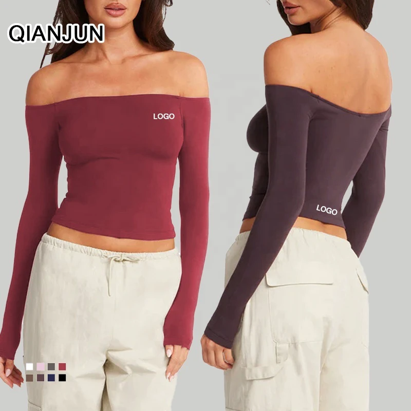 Women's Off-the-Shoulder Long-Sleeved Yoga Top Sweat-Absorbent Breathable Spandex/Nylon Fabric for Pilates Fitness Training