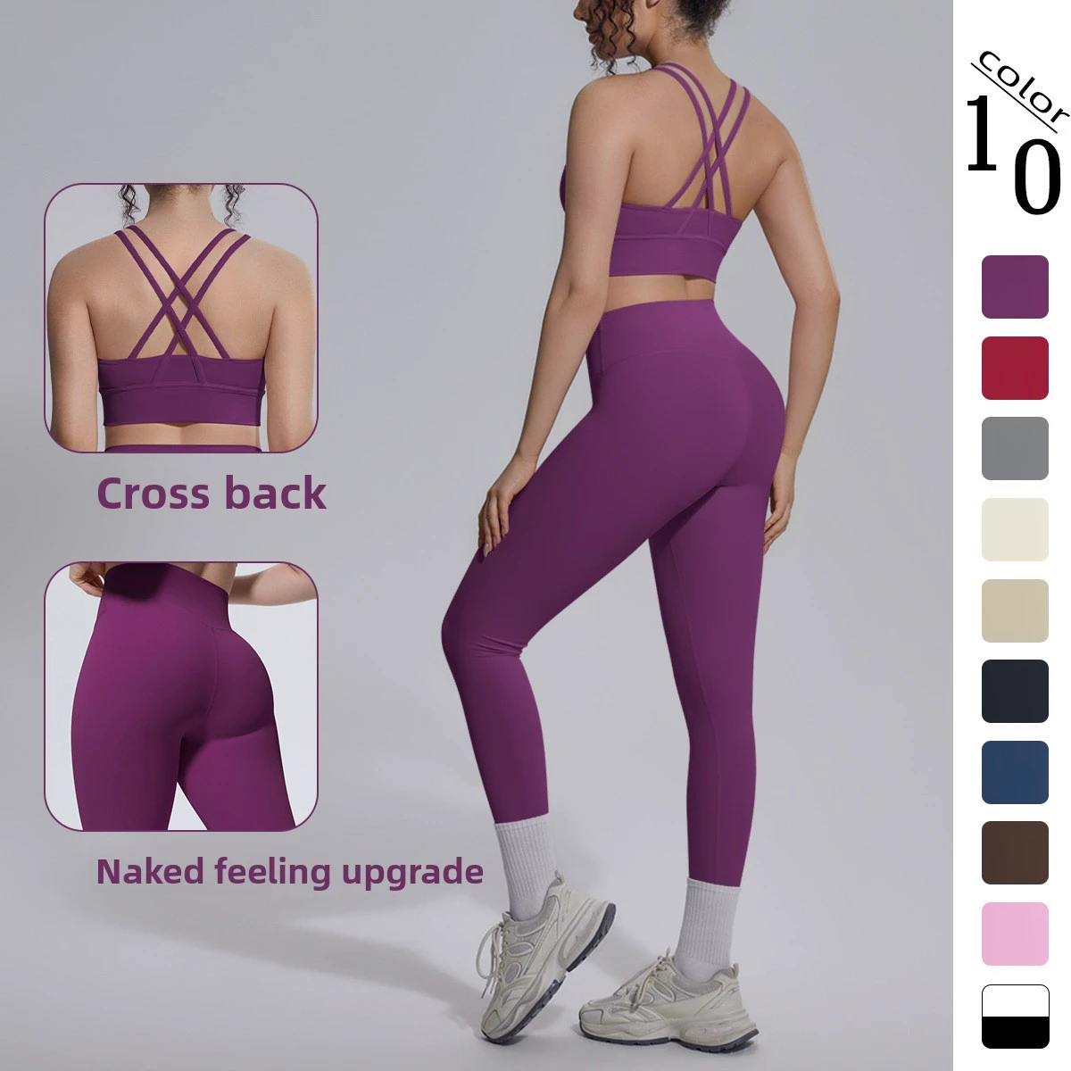 Cross-border Double-sided Spandex/Nylon Solid Color Cross-back Tight Breathable 2-Piece Sportswear Suit for Running Fitness Yoga