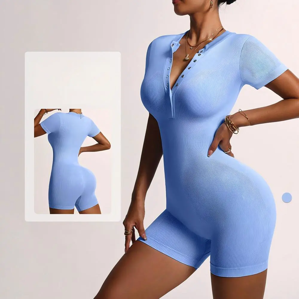 Summer Women's Solid Color High Elastic Short Sleeve Quick Dry Breathable Yoga Bodysuit Butt Lift Training Gym Sports Slimming