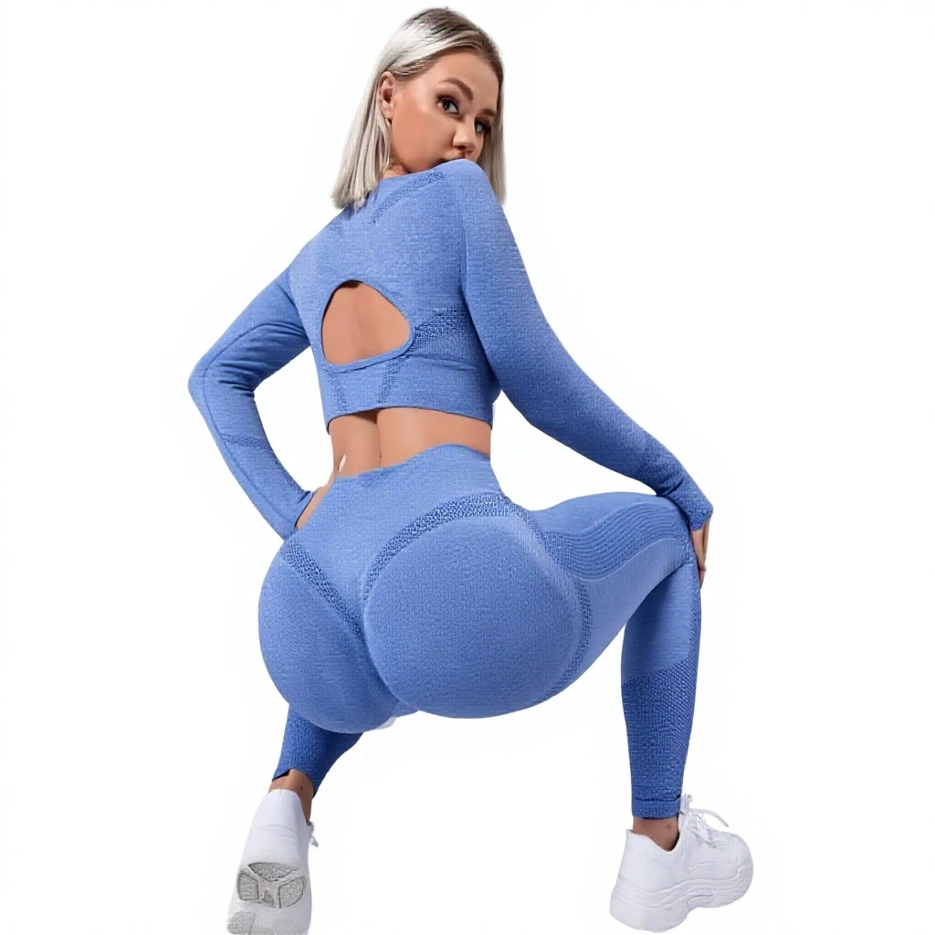 European and American Hollow Solid Breathable Long-sleeved High Waist Hip-lifting Sports Yoga Pants 2-piece Set