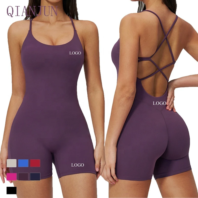 Wholesale Women Backless Butt-Lifting Cross Straps Sports Short Bodysuit High Stretch Yoga One Piece Outfit Yoga Suit