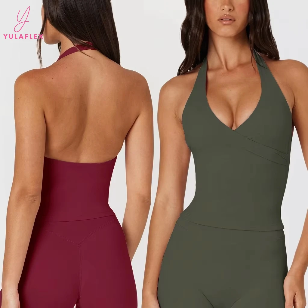 Deep V Cross Halter Yoga Tank with Removable Pads High Stretch Nylon Fitness Running Workout Top