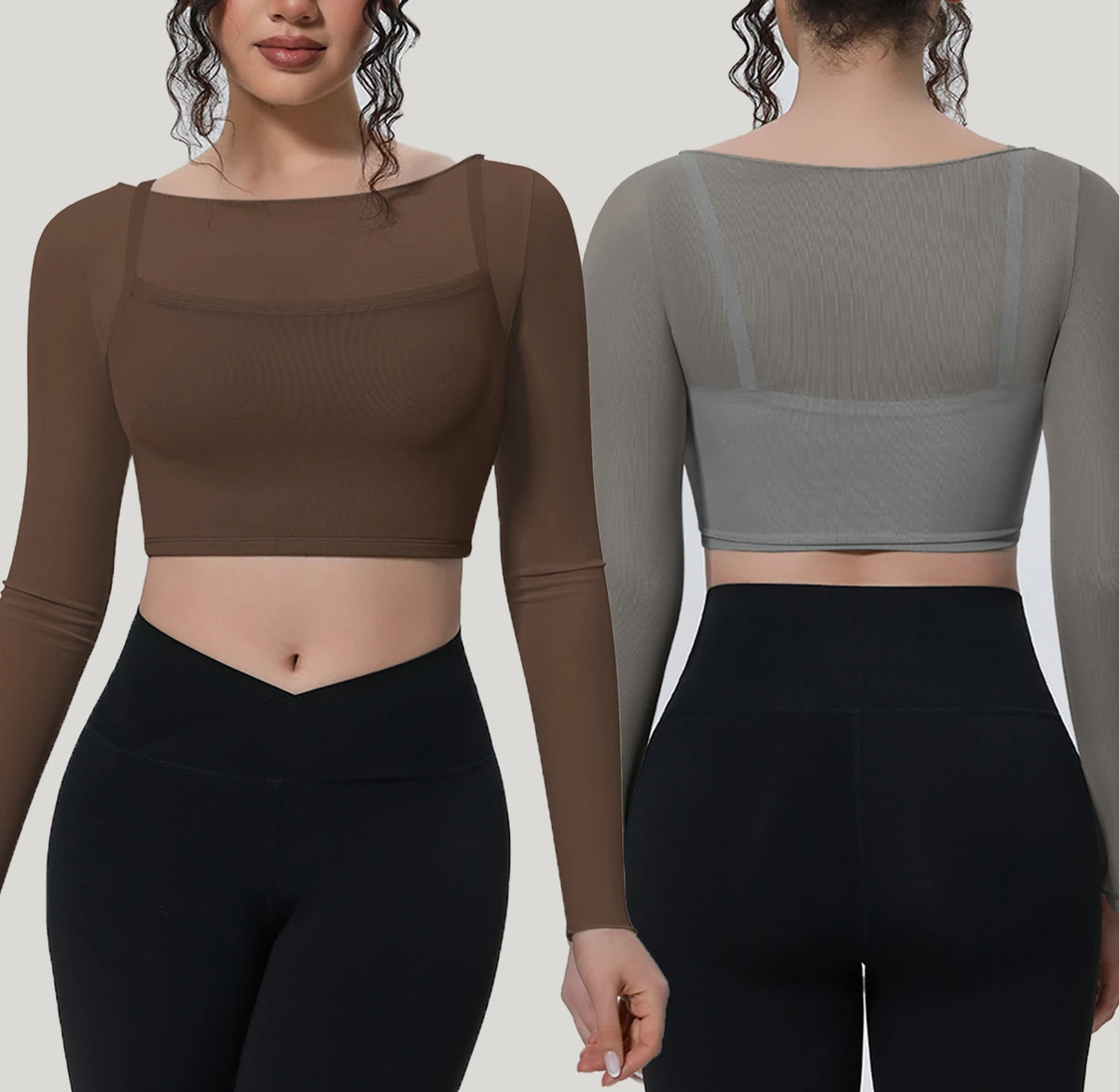 2-in-1 Built-in Bra Mesh Overlay Slim Fit Solid Yoga Top Breathable High Stretchy & Skin-Friendly Quick Dry Long Sleeve Crop Top