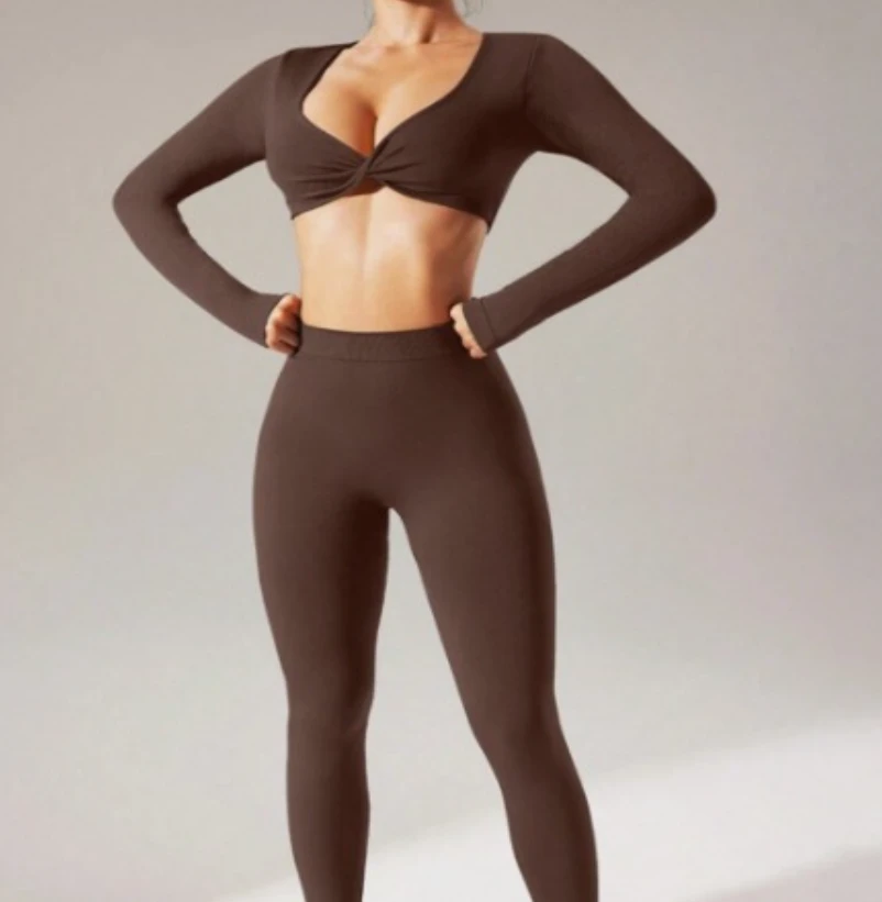 Lanyu Women's Two-Piece Workout Sets Breathable Knot Yoga Top Long Sleeve High Waist Leggings Athletic Exercise Outfits Printed