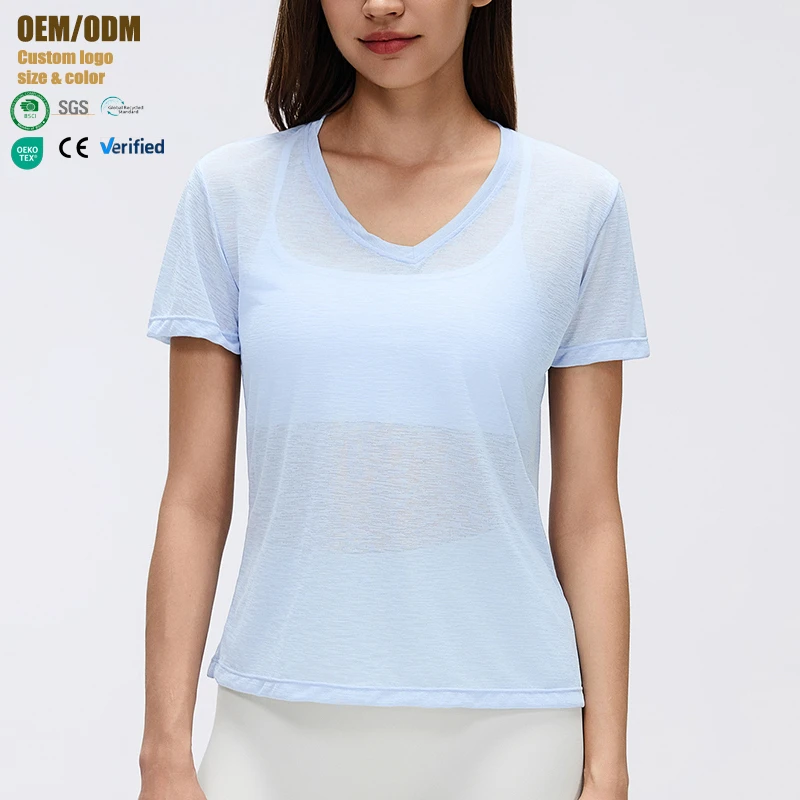 Yoga Wear Women's V-Neck Casual Loose Fit Solid Short-Sleeve T-Shirt Lightweight Quick-Dry Fitness Top