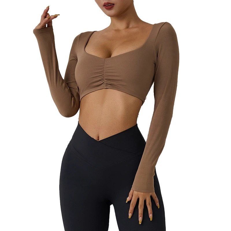 2025 Women Long Sleeved Yoga Suit T-shirt Tight Pleated Sports Fitness Shirt Top