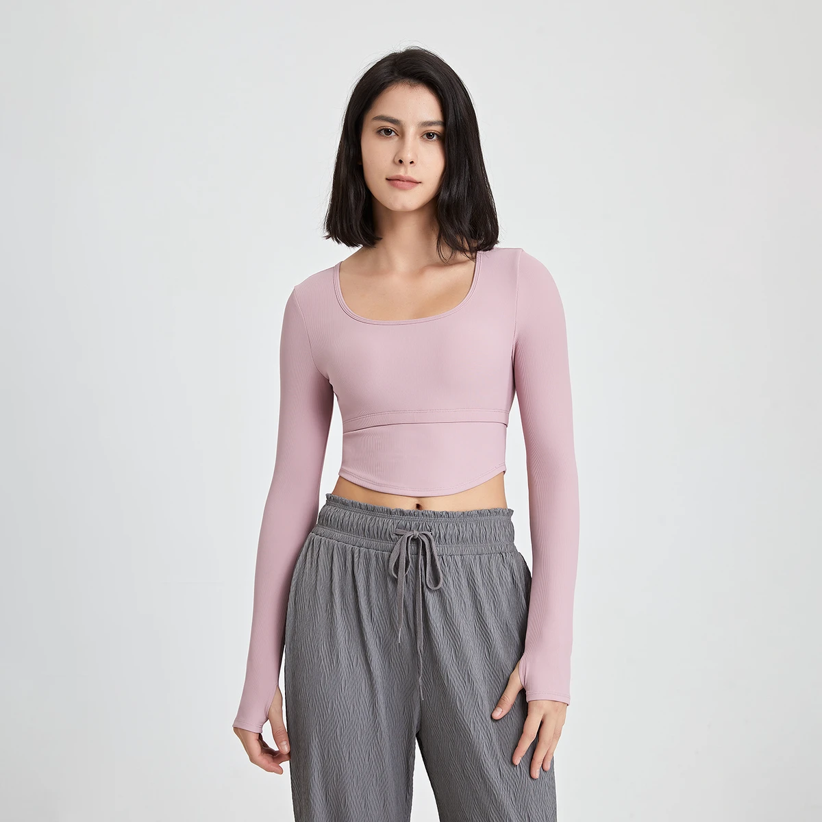 Solid Color Ribbed Nude Yoga Clothes Long Sleeves With Chest Pads Fitness Tops T-shirts Training Long Sleeves