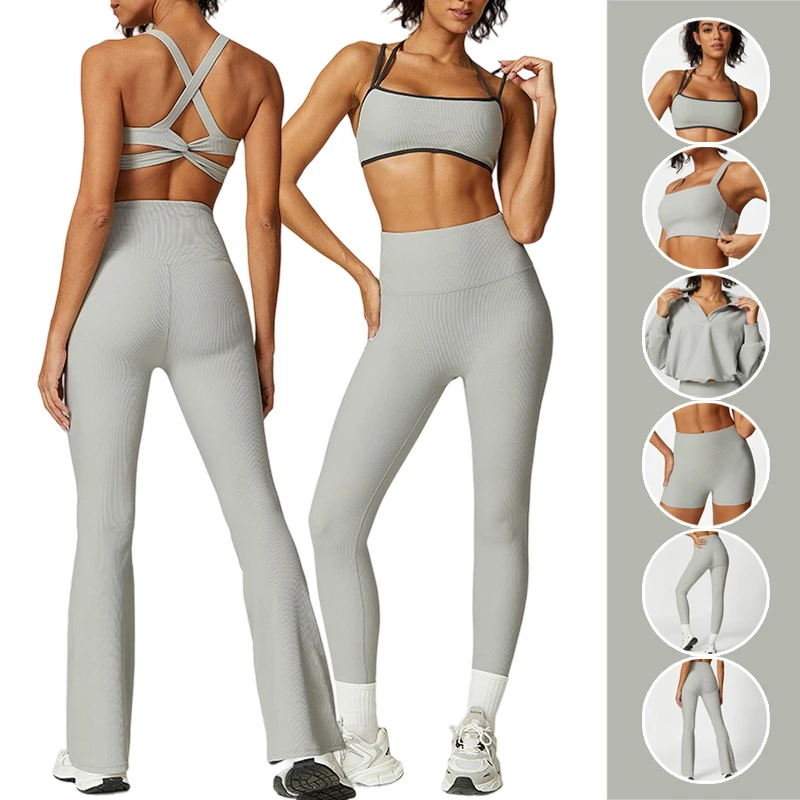 Women's Gym Fitness Wear Suit 6pcs Yoga Sets High Waist Breathable Zipper Jacket Sports Bra Workout Vest Gym Yoga Wear