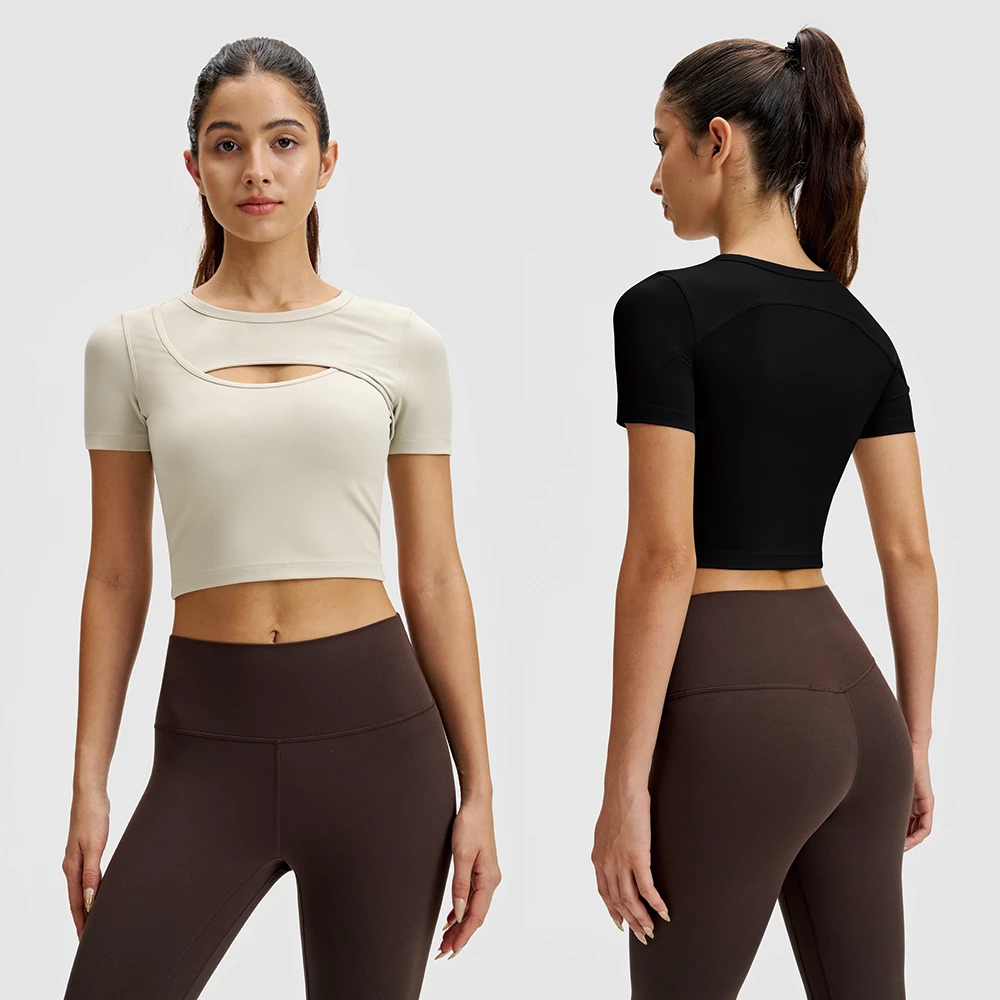 Women's Fashion Hollow Out Sports Short Sleeve Breathable Running Fitness T-shirt Elastic Slim Fit Yoga Wear Crew Neck Top