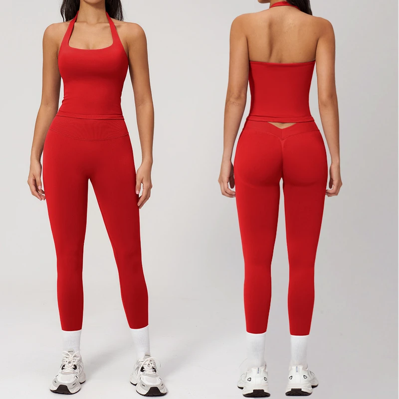 Women's Solid 2-Piece Yoga Set Soft Nylon/Spandex Hollow Back Seamless Breathable Halter Tank Top High Waist Butt Lift Leggings