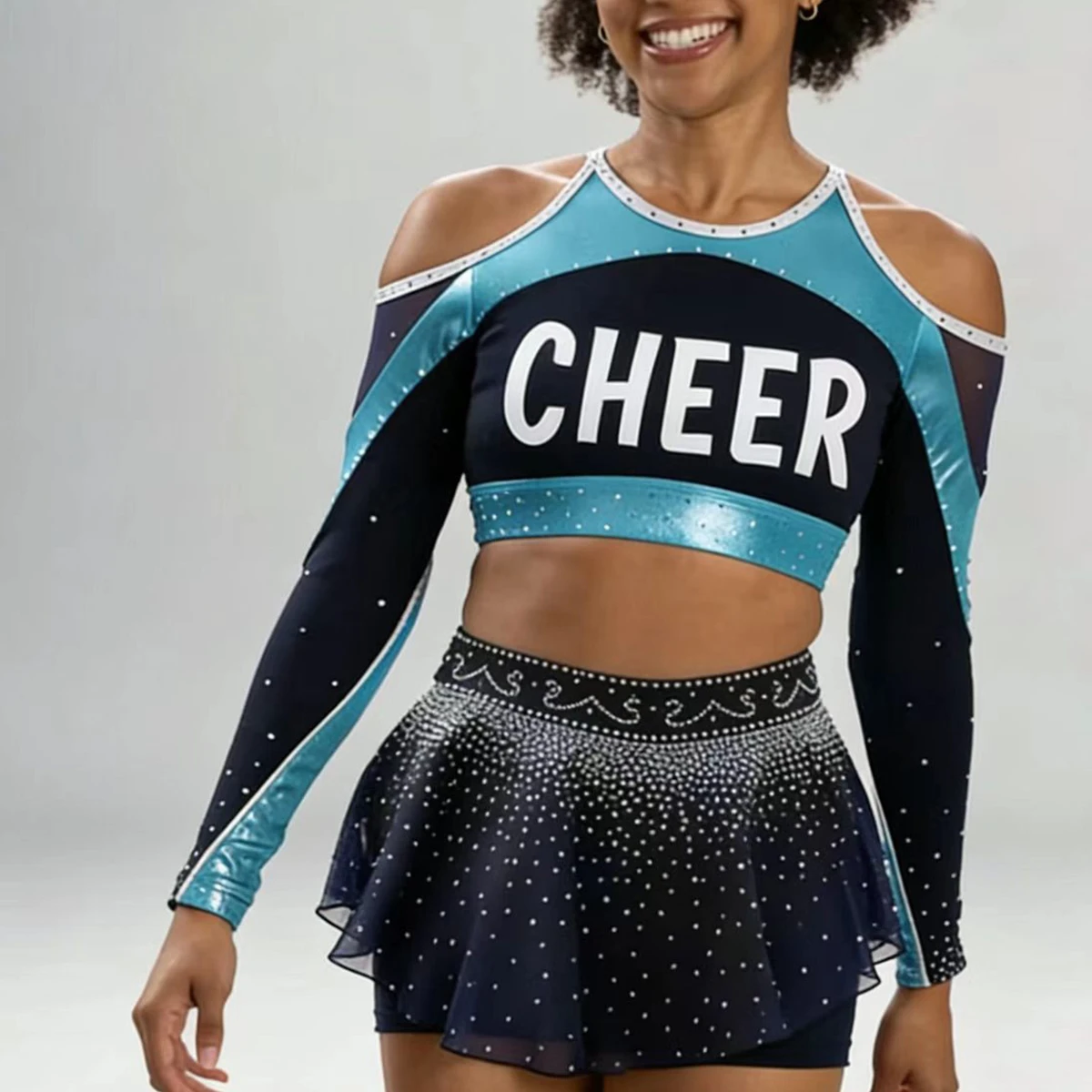 Wholesale Girls Custom All Star Elite Cheerleading Uniforms Sets Black Polyester Spandex Beaded Printed OEM Design Training