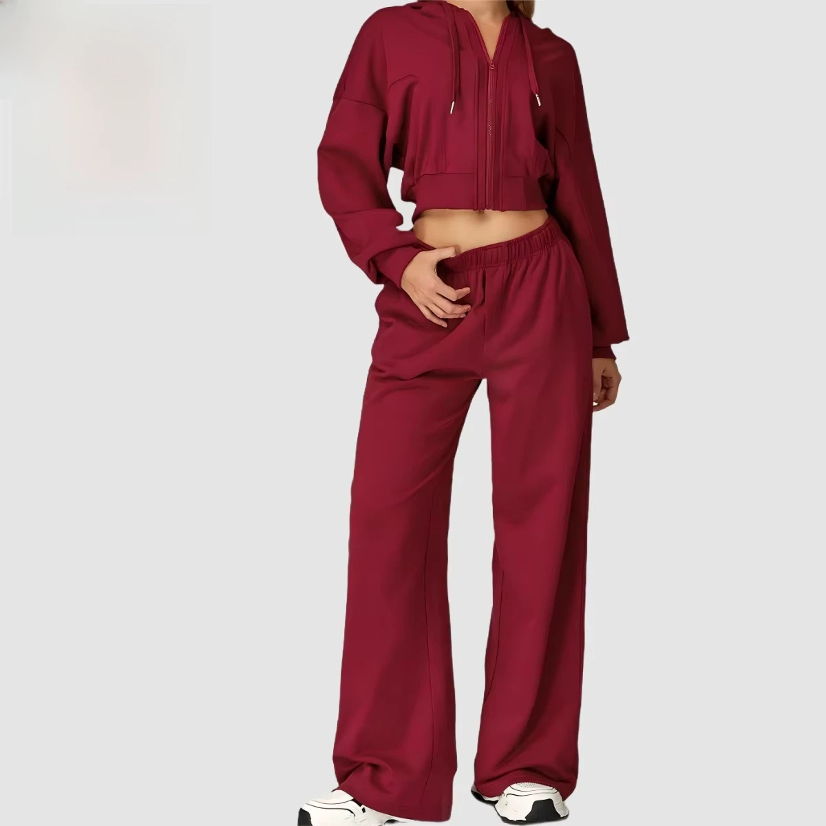 Women's Elevated Lounge Set Relaxed Fit High Waist Full-Length Polyester/Cotton Front Custom Logo Hoodie Pants 2-Piece Yoga Gym
