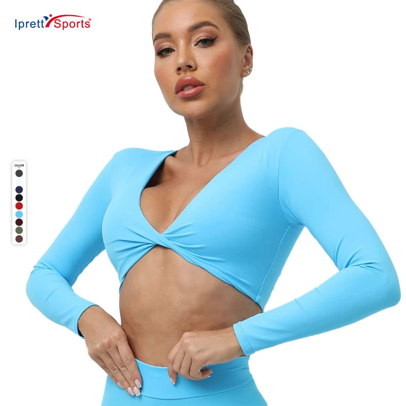 Stylish Autumn Women's Twist Yoga Long-sleeve Shirts Slim Fit Crop Top Activewear Gym Yoga T-shirts Fitness Top