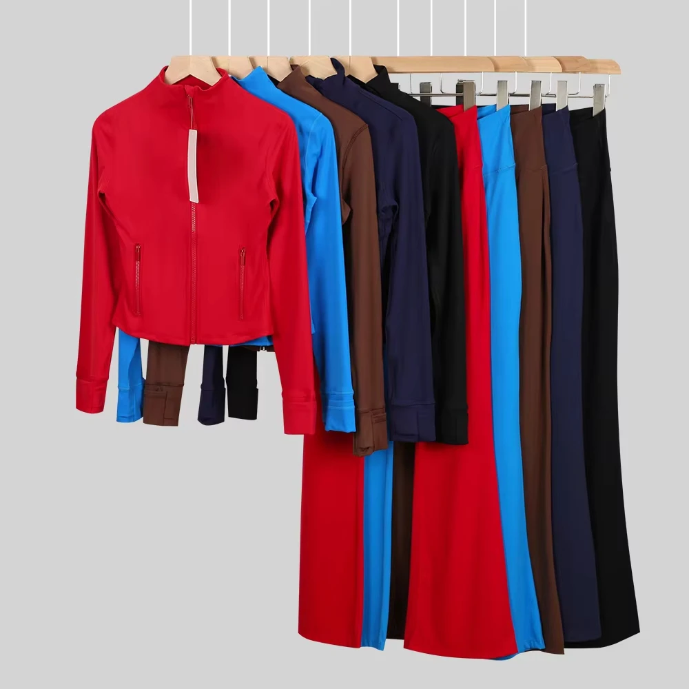 Wholesale Autumn Winter Sportswear Suit Long Sleeves Gold Zipper High Waist Flare Pants Gym Fitness Yoga Sets for Women