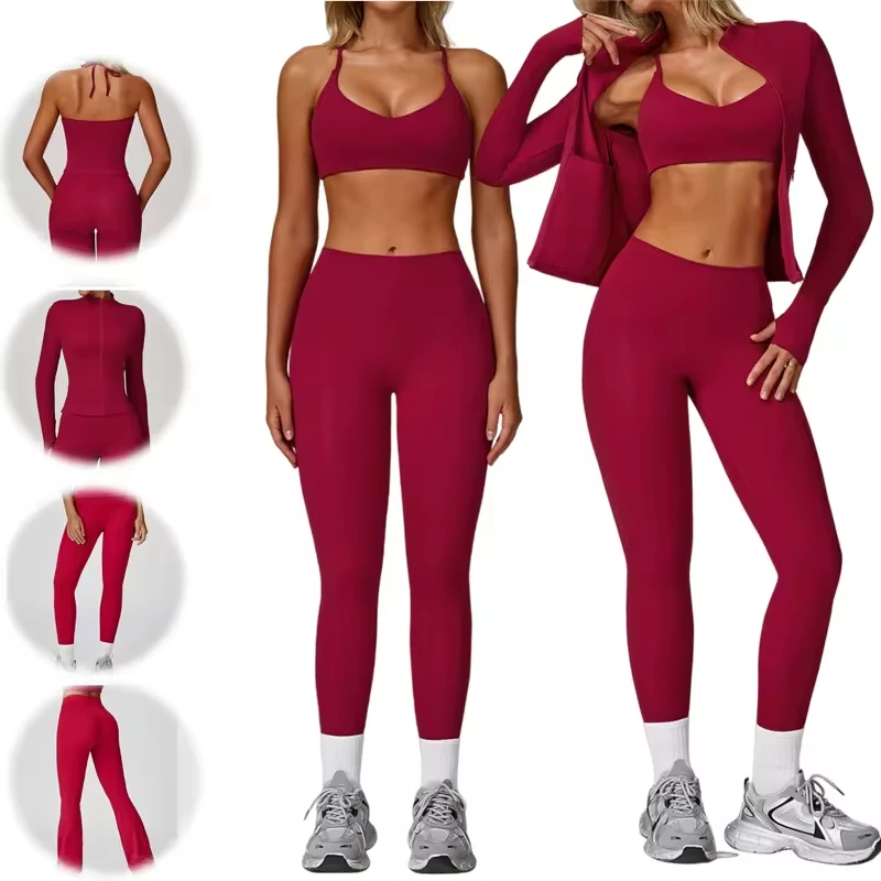 Wholesale Fitness 3 Piece Women Gym Yoga Wear Set Workout Seamless Long Sleeve Sports Suit Hoodie Yoga Set