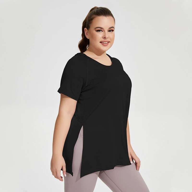 Women's European American Plus Size Long Yoga Top Quick Dry Sports T-Shirt Lightweight Four Way Stretch Breathable UV Front