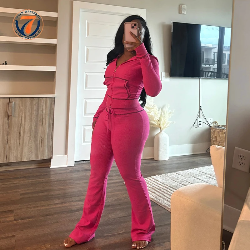 Custom Women's Waffle Knit Two-Piece Set High-Waisted Zipper Hoodie Jacket Full-Knee Wide Leg Flared Pants Yoga Suit for Women
