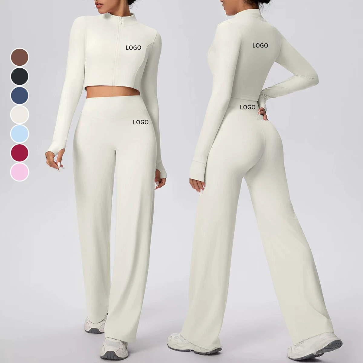 Custom Logo Quick Drying Sportswear Solid Color High Elastic Zipper Jacket High Waist Yoga Flare Leggings Butt Lifting Gym Sets
