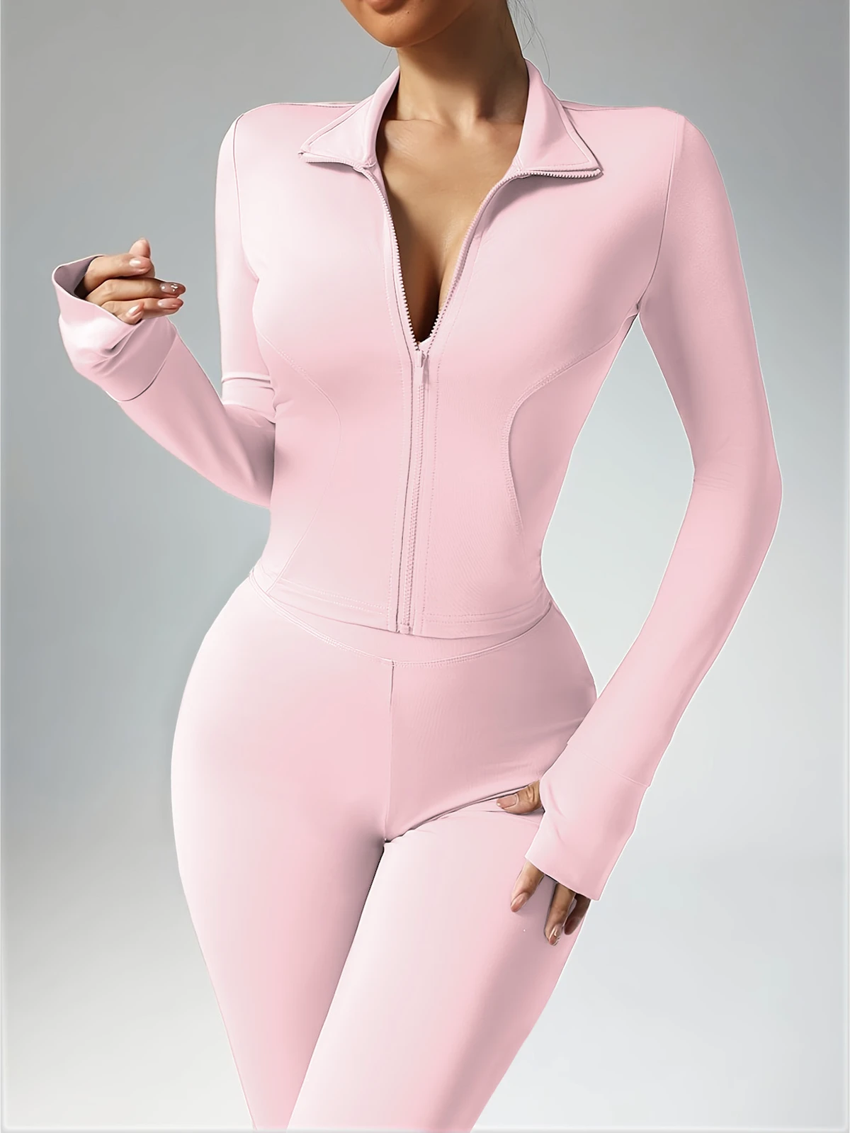 Women's Fashion Full Zip Gym Sports Suit Long Sleeve Yoga Jacket with Flare Pants Lady Wide Leg Sets Solid Pattern Logo on Waist