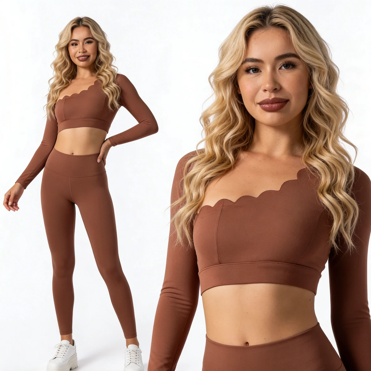 High Stretch Yoga TOP Wave Scallop Cut Out Asymmetrical Long Sleeve Crop Top With Removable Pad Custom Logo Women Pilates Wear