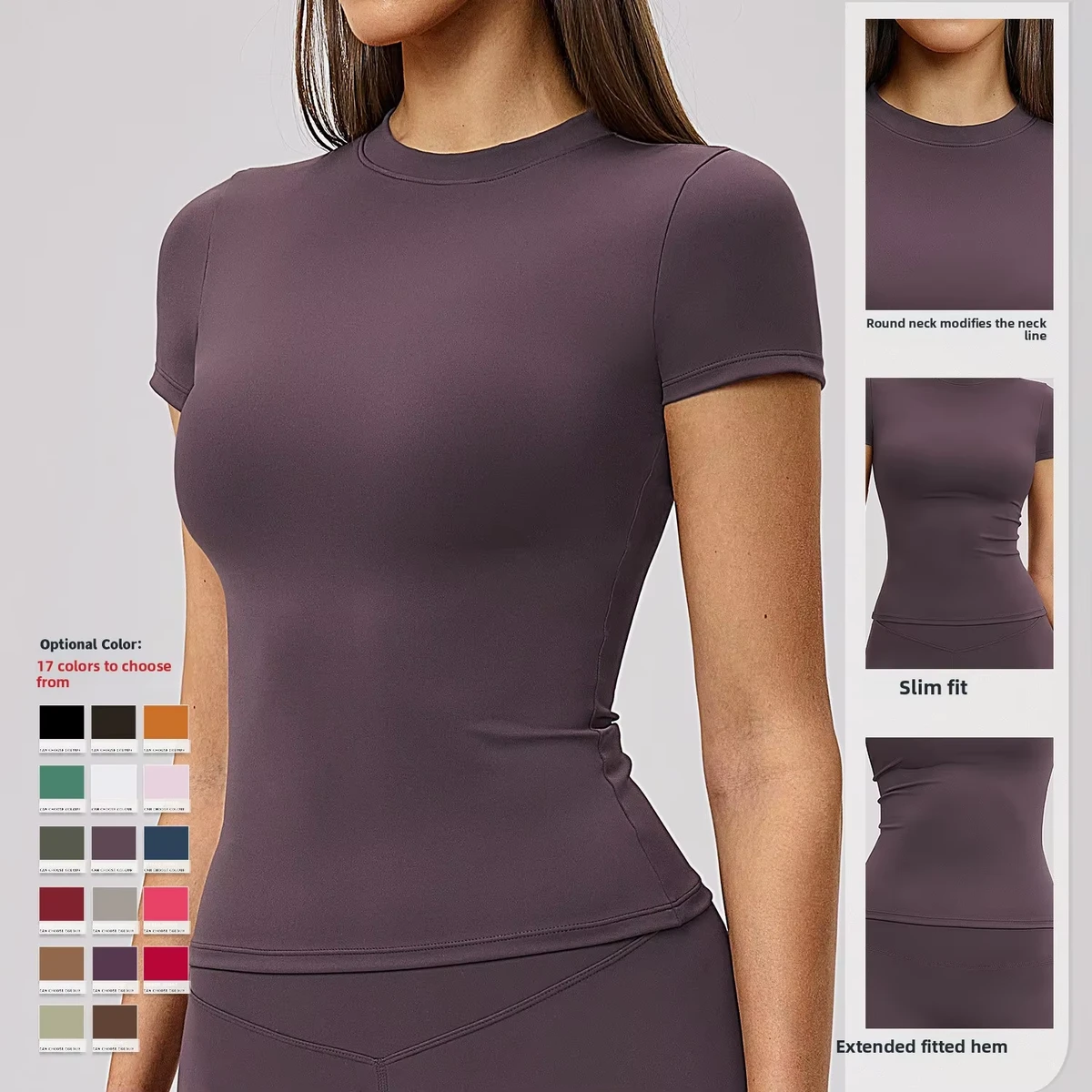 Spring Women's Breathable Quick-dry Yoga T-shirt Spandex/Nylon Tight-fitting Four-Way Stretch Eco-Friendly Solid Short-sleeve