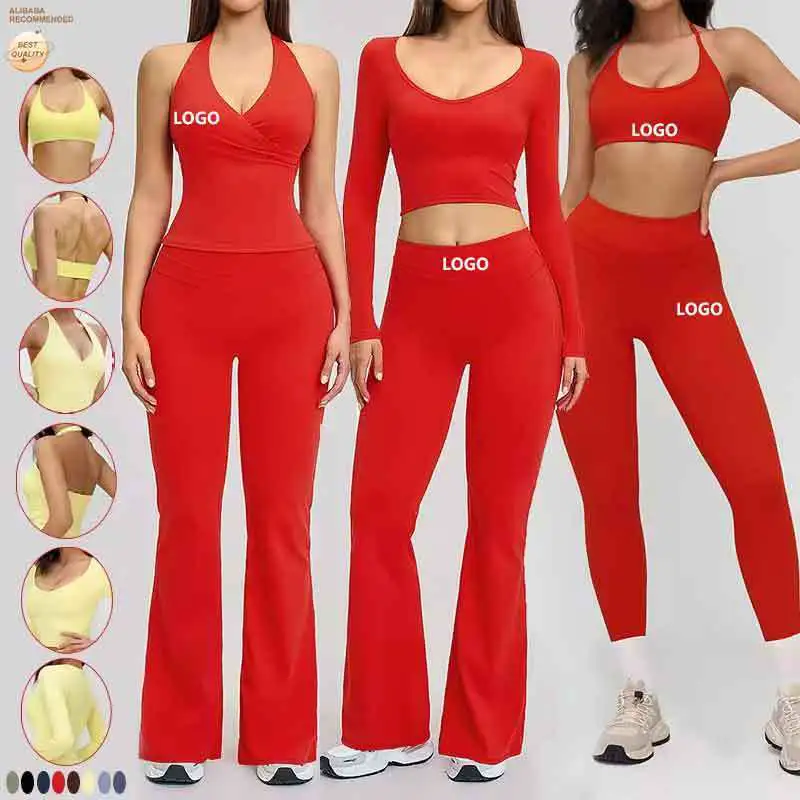 Custom Logo 4pcs New Brushed Sportswear Gym Sport Activewear Ropa De Mujer Tight Flare Leggings Bra Long Sleeve Yoga Sets Women