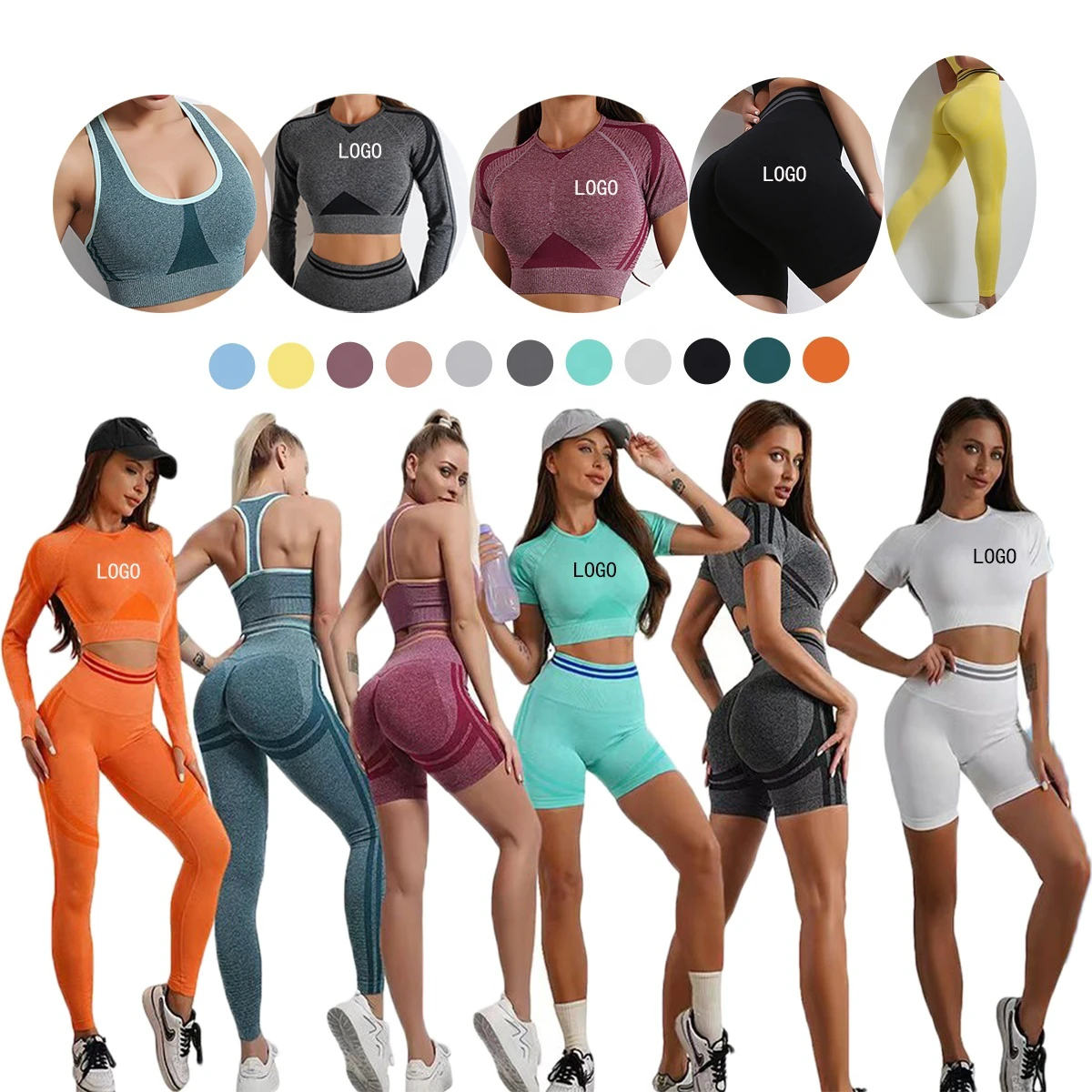 Hot Sale Seamless Knit Athletic Active Wear Sports t Shirt Biker Shorts Scrunch Butt Leggings Sets Women Long Sleeve Yoga Set