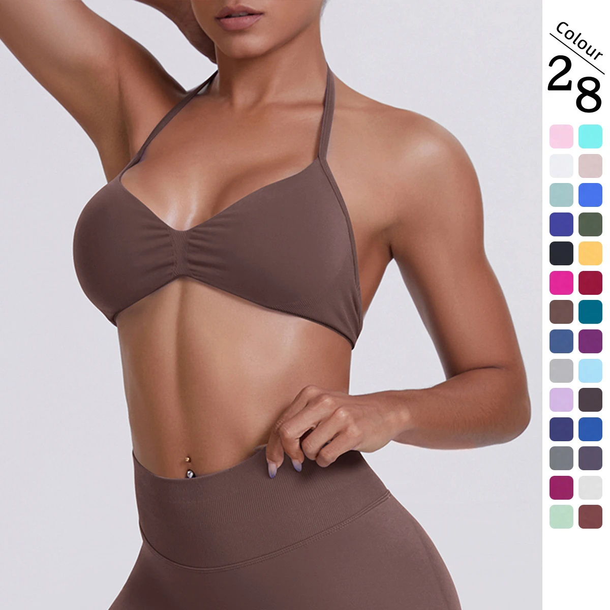 Women Seamless Halter Neck Sports Bra Backless Design High Support Yoga Running Workout Bra