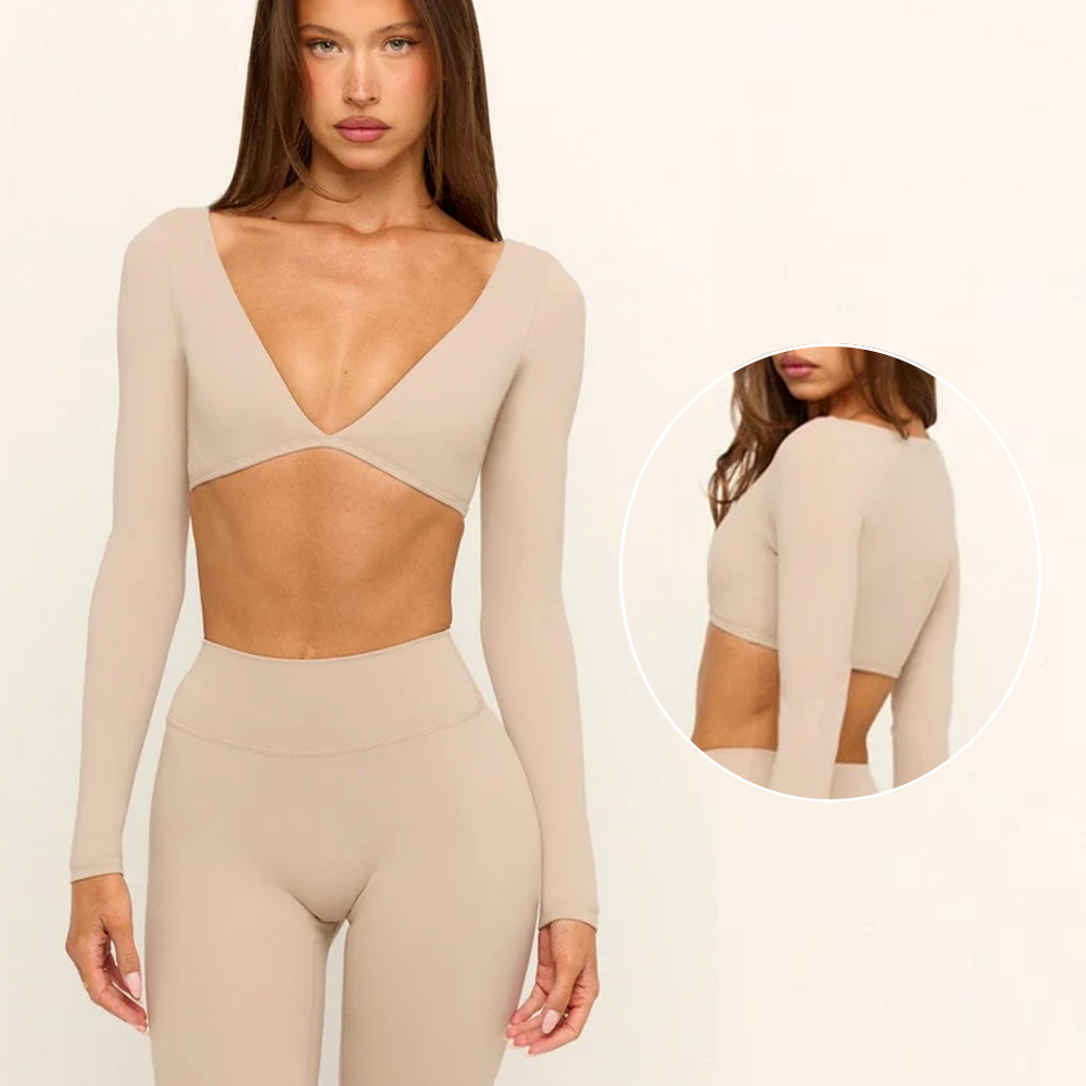 2025 Newest Long Sleeve V Shape Custom Wholesale Quick Dry Solid Workout Fitness Sports Yoga Gym Top for Woman