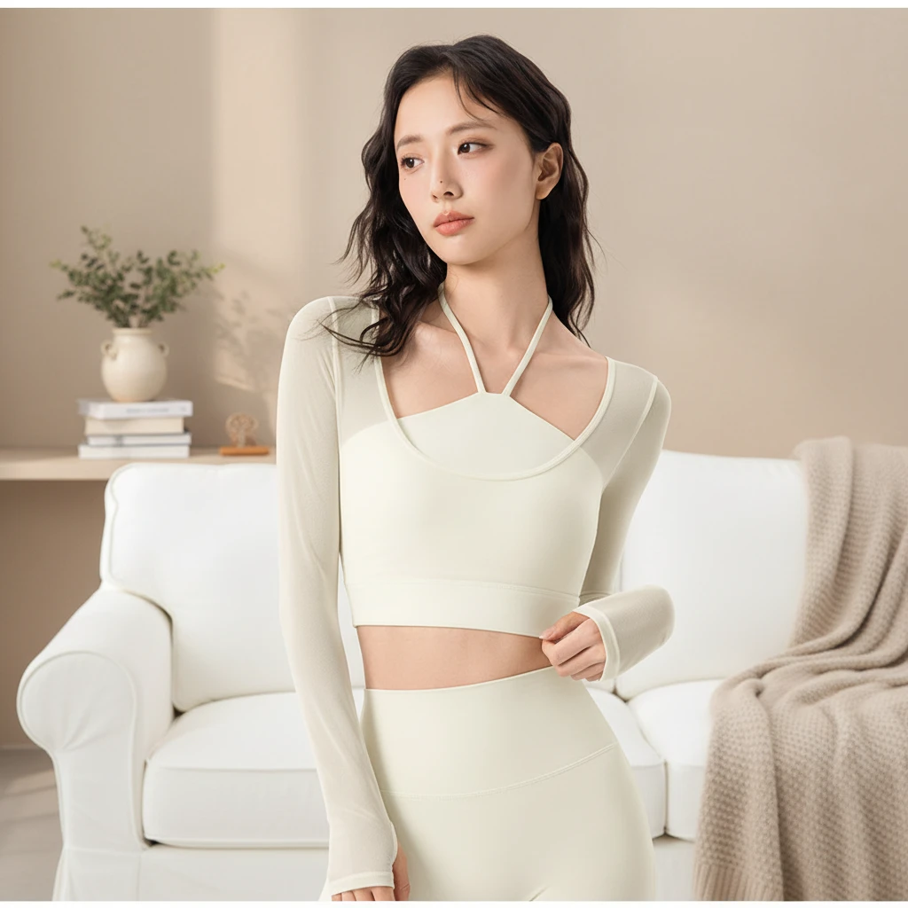 395 Atmosphere Mesh Stitching Long Sleeve Yoga Jacket Women's Chest Mat One Skinny Neck Sweat-Wicking Breathable
