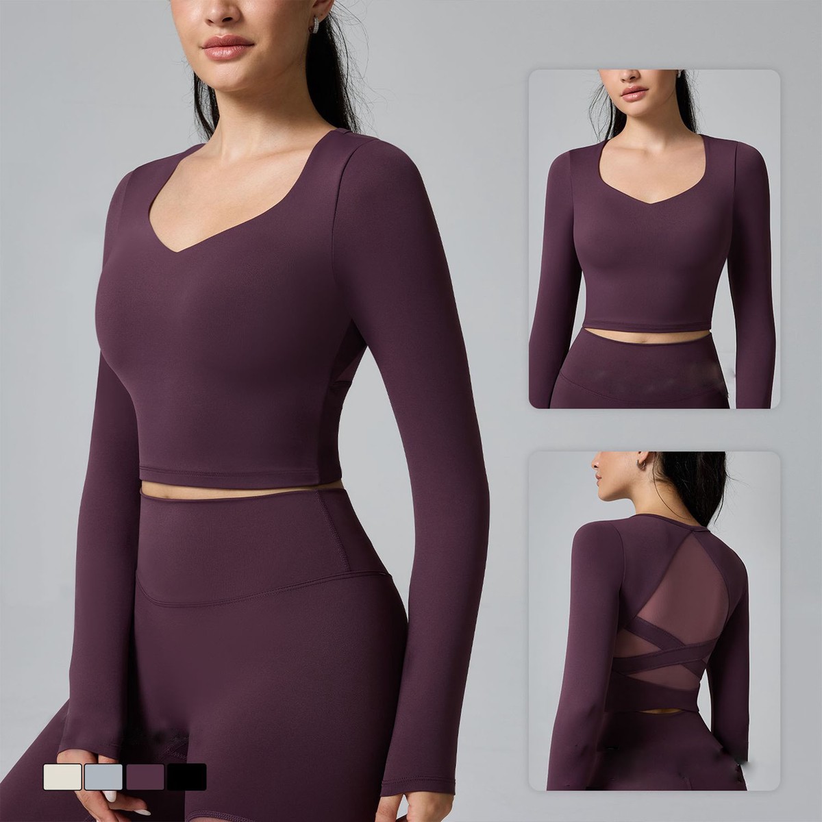 Women Quick-Dry Tight Long Sleeve Sports SexyT-Shirt Yoga Back Design Featuring Breathable and Mesh Fabric