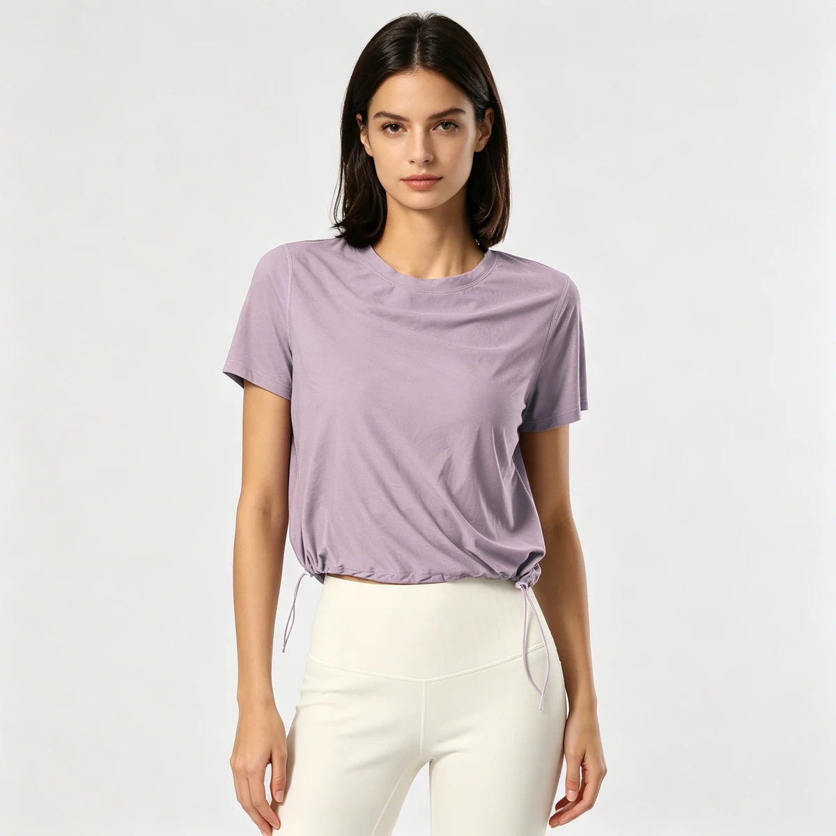 In Stock Premium Lightweight Soft Plain Round Neck Short Sleeve Cropped Activewear Crop Top For Gym Workout With Adjustable Hem