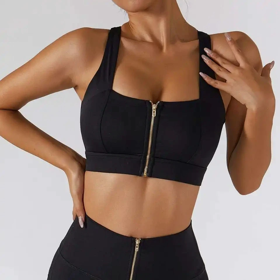 Custom Wholesale Price Women's High Quality Lightweight Breathable Spandex/Nylon Fitness Bra Front Zip Medium Support Running