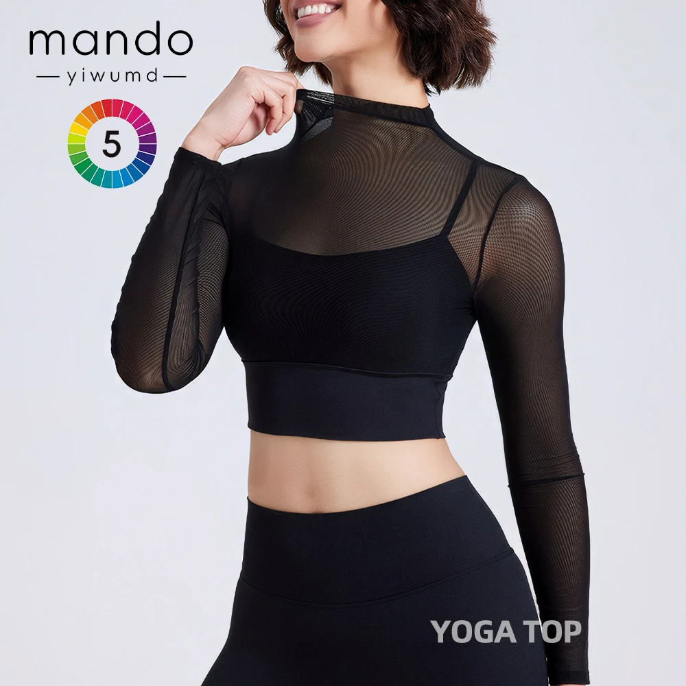 New Unique Long Sleeve Mesh Design Fixed Padding Sports Bra Top Customized Women's Gym Pilates Running Training Yoga Top