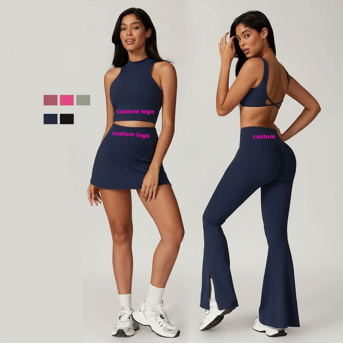 TZ8796 Yoga 6 Pcs Women Sports Set Quick Dry Tight Fitness Vest Bra Tennis Skirts Set High Waist Flare Pants Sports Set