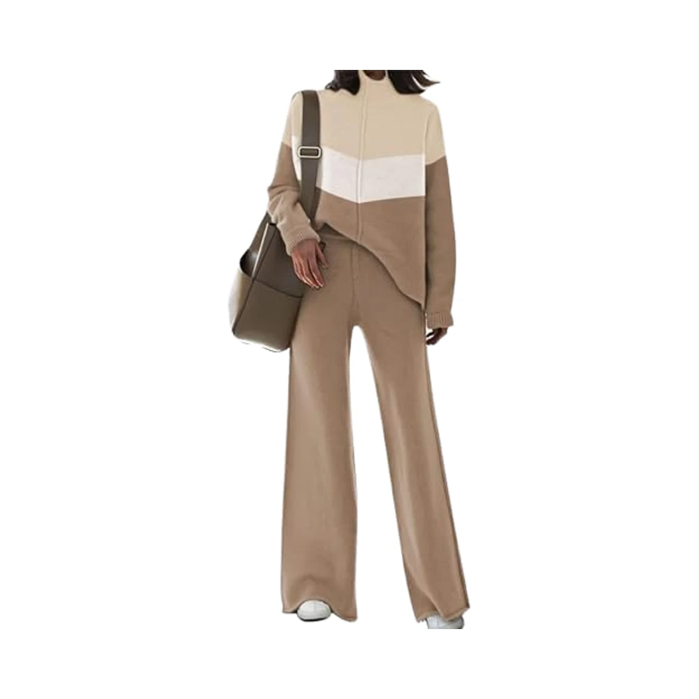 AOHITE Women's Casual 2-Piece Outfit Set Long Sleeve Knit Pullover Sweater Top Wide Leg Print Pants O-Neck Daily Style XL Winter