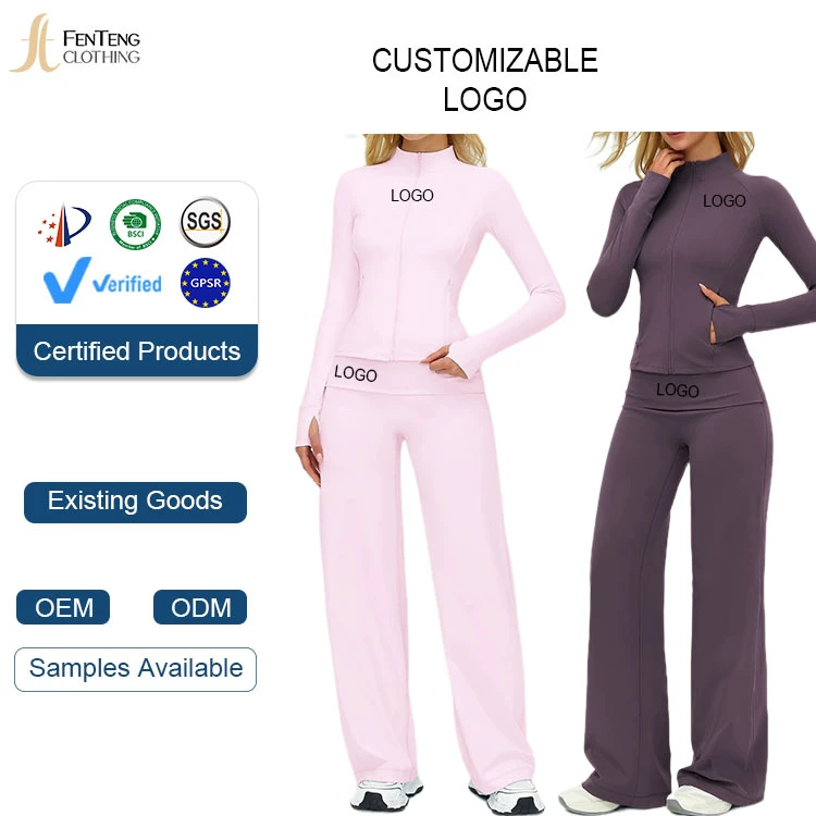 Under Lulu Custom Brushed 2 Piece Yoga Set Women Zip up Fitness Jacket with Zipper Pockets and High Waist Leggings Gym Tracksuit