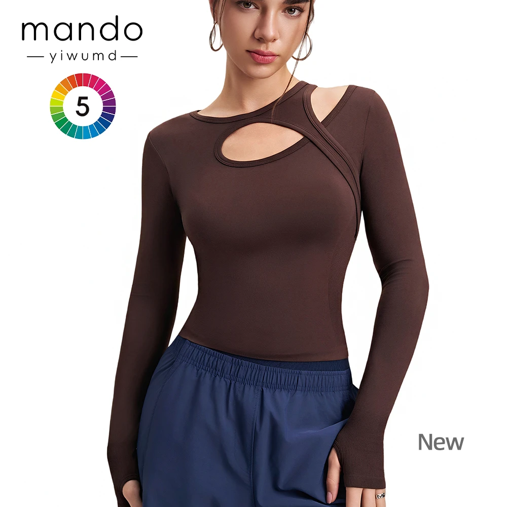 High Stretch Asymmetrical Cutout Neck Women's Sports T-Shirt Hollow Cross-Fashion Yoga Top Long Sleeves Thumb Holes