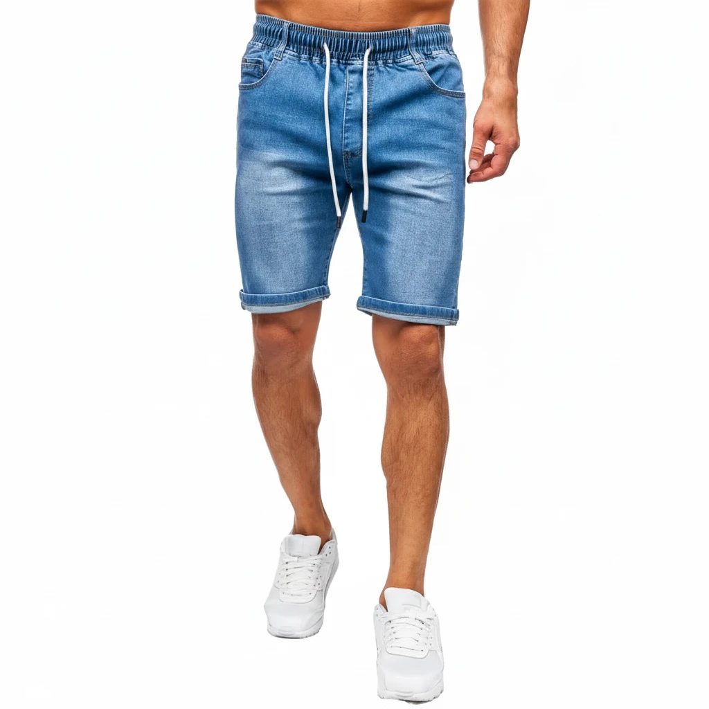 Wholesale Men's High Stretch Summer Straight Denim Shorts Elastic Waist Casual Sportswear Plus Size Hip Hop Style OEM Customized