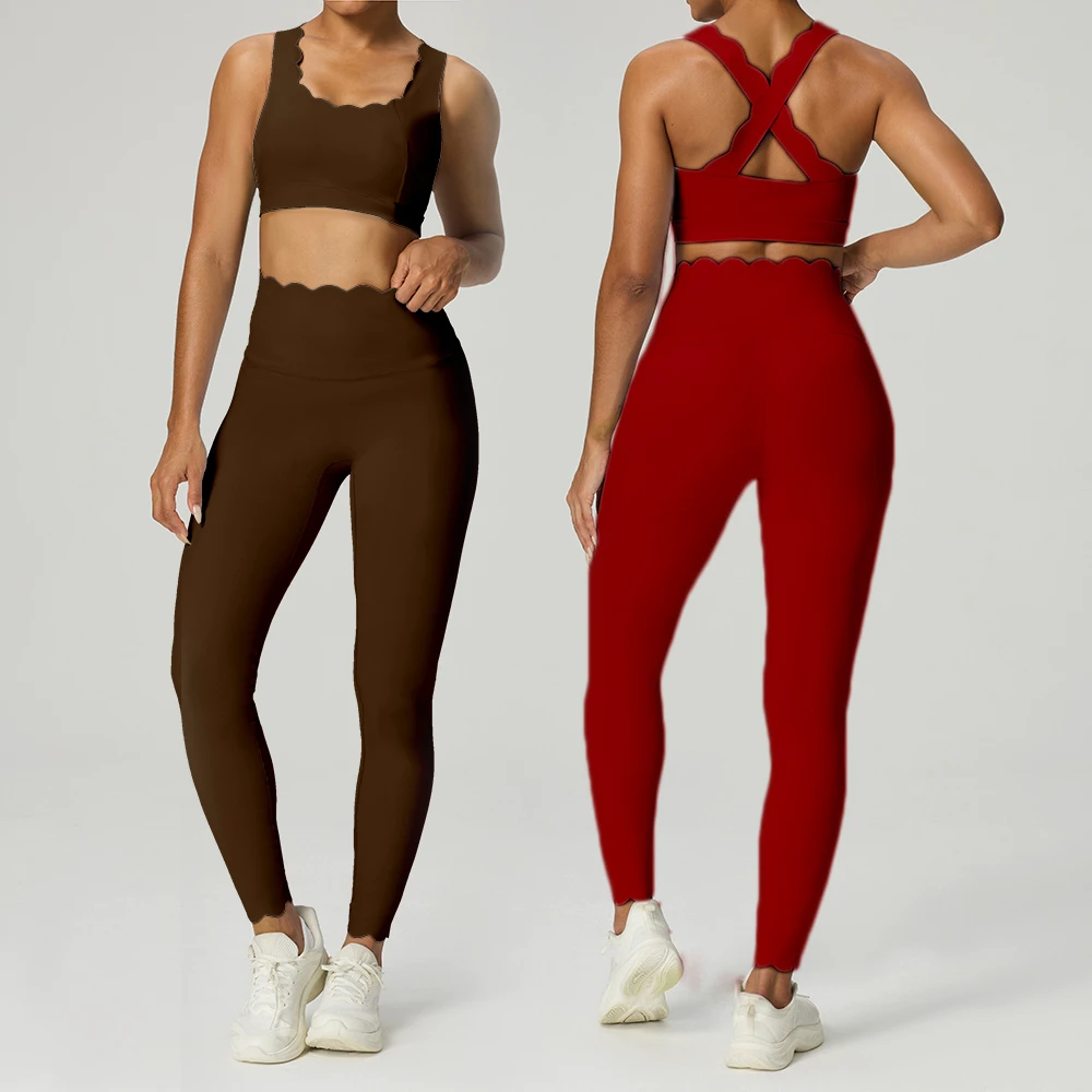 Gym Clothing Active Wear Butt Lift Slim Fit Shell Edge Leggings Backless Cross Neckline Sports Bra Two Piece Gym Set Women