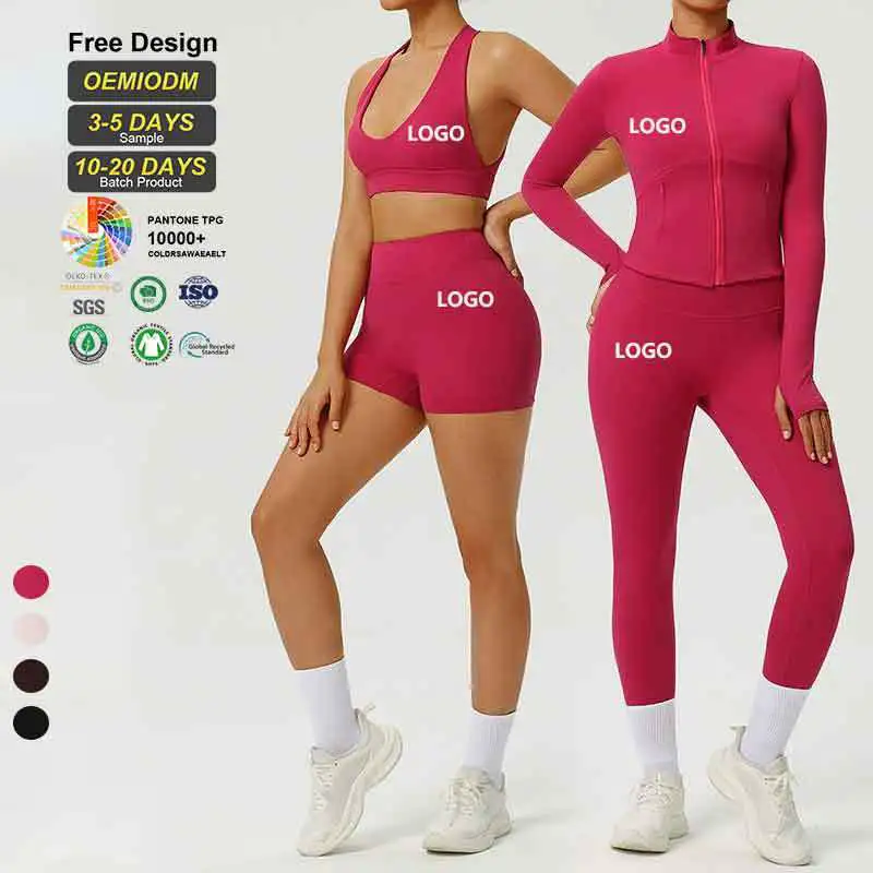 Hot Sale Women Yoga Jacket Sports Bra Leggings Shorts Sets Compression Quick Dry Breathable High Waist 4 Piece Activewear Set
