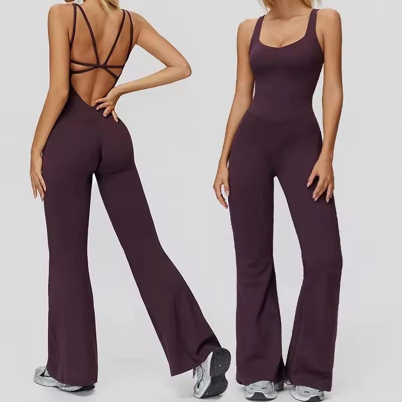 Custom Breathable Removable Pads Sports Bodysuit Cross Back One Piece Gym Jumpsuit Sleeveless Fitness Yoga Women Spaghetti Strap