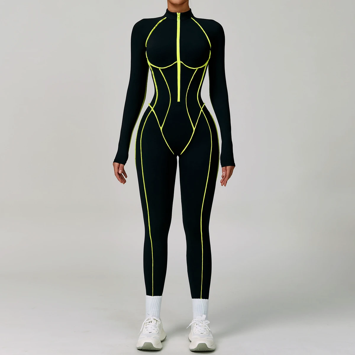 YanRuo Solid One-piece Quick-drying Spandex/Nylon Fitness Suit Breathable Lightweight V-neck Full-Length High-strength Running