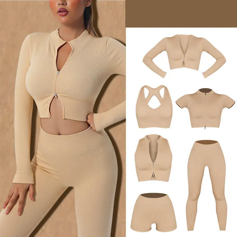 Womens 6 Piece Yoga Set Sports Bra Crop Top Long Sleeve Jacket Shorts Leggings Fitness Activewear Outfit