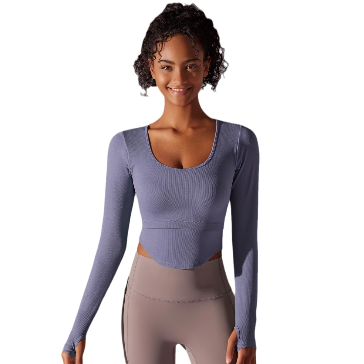New Knitted Solid Color Seamless Sports Top Split Bellyband Threaded One Cup Yoga Long Sleeve Running Fitness Clothes